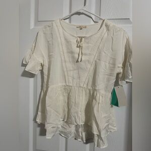 Copper Key Cream Peplum Tie-Neck Blouse